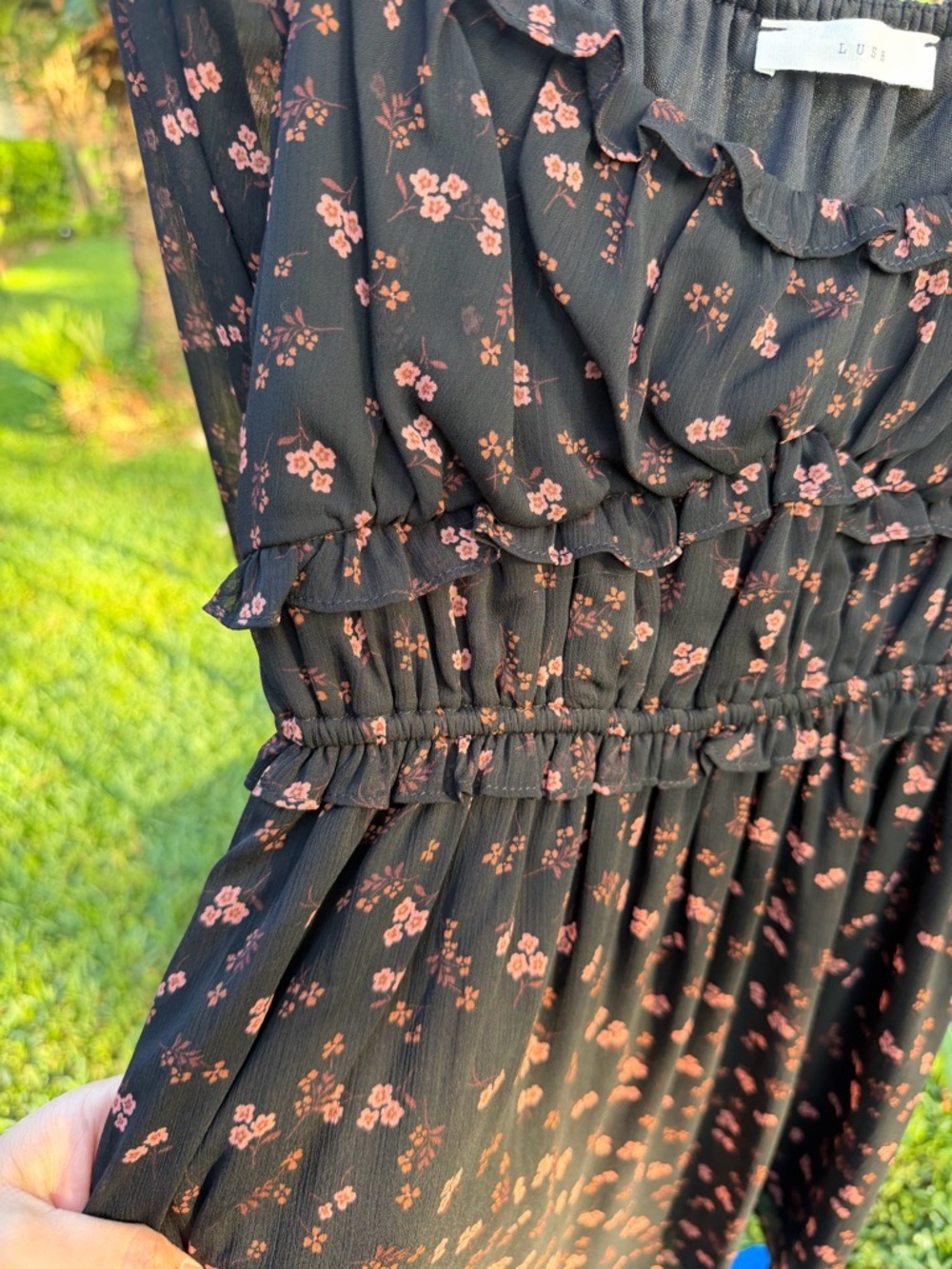 Lush Black Floral Mini Dress NWT Long Sleeve Ruffle Boho Babydoll Small - Picture 7 of 8